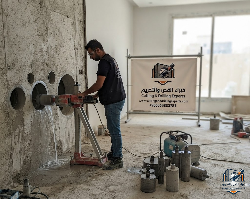 تنفيذ فتح كور في الخرسانة المسلحة بجدة باستخدام Diamond Core Drill لتمديدات التكييف والكهرباء
